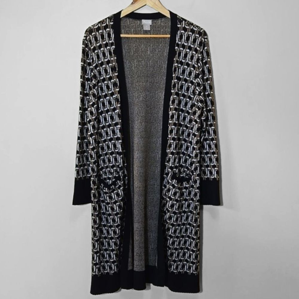 Chico's Chain Link Duster Cardigan Sweater Size 2 Petite Large Old Money mobwife